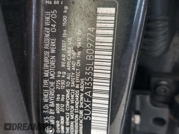 2005 BMW X5 3.0i with VIN 5UXFA13535LB09774, listed as a Copart auction lot 73848924 with 0 mi miles and Salvage Title. Bid and sale history available at carsss.com. Image 14.