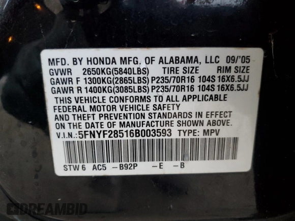 2006 Honda Pilot EX-L with VIN 5FNYF28516B003593, listed as a Copart auction lot 53879665 with 153,264 mi miles and Salvage Title. Bid and sale history available at DreamBid. Image 14.