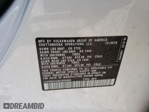 2019 Volkswagen Atlas SE z VIN 1V2XR2CA0KC502656, wystawiony jako Copart lot #50589045 z przebiegiem 131 954 mil mil oraz Szkoda całkowita • Salvage title. Historia ofert i sprzedaży dostępna na DreamBid. Obrazek 15.