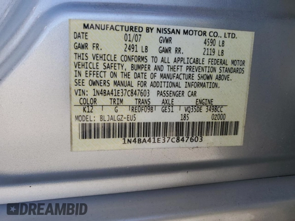 2007 Nissan Maxima 3.5 SE with VIN 1N4BA41E37C847603, listed as a Copart auction lot 43376265 with 155,415 mi miles and Salvage Title. Bid and sale history available at carsss.com. Image 12.