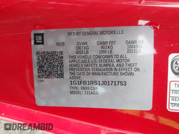 2018 Chevrolet Camaro 1LT with VIN 1G1FB1RS1J0171753, listed as a IAAI auction lot 42031775 with 126,741 mi miles and . Bid and sale history available at DreamBid. Image 9.