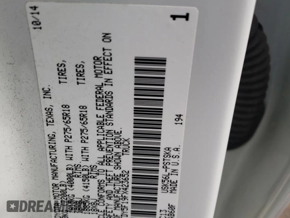 2015 Toyota Tundra SR5 z VIN 5TFDY5F19FX423652, wystawiony jako Copart lot #80790993 z przebiegiem 89 209 mil mil oraz Czysty tytuł • Clean title. Historia ofert i sprzedaży dostępna na DreamBid. Obrazek 12.