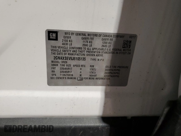 2018 Chevrolet Equinox LT with VIN 2GNAXSEV9J6105135, listed as a Copart auction lot 54545205 with Not Provided miles and Salvage Title. Bid and sale history available at carsss.com. Image 13.