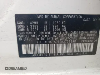 2017 Subaru Impreza Premium with VIN 4S3GTAD62H3736698, listed as a Copart auction lot 60856225 with 180,533 mi miles and Salvage title. Bid and sale history available at DreamBid. Image 12.