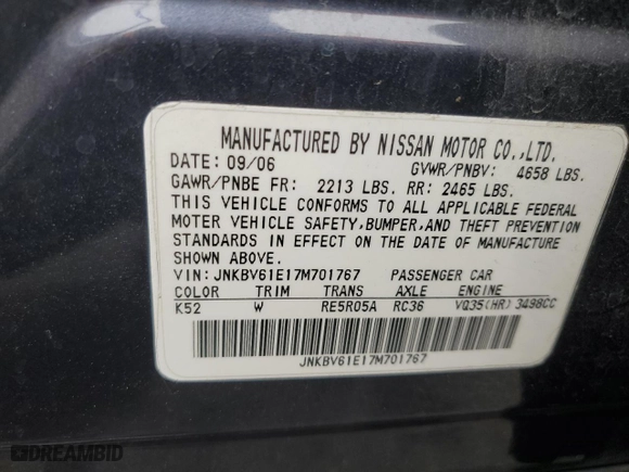 2007 Infiniti G35 Sedan Sport with VIN JNKBV61E17M701767, listed as a Copart auction lot 48012965 with 147,245 mi miles and Salvage Title. Bid and sale history available at carsss.com. Image 13.