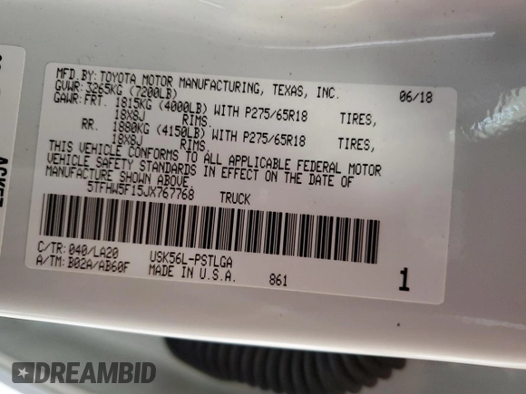 2018 Toyota Tundra SR5 z VIN 5TFHW5F15JX767768, wystawiony jako Copart lot #73587614 z przebiegiem 61 001 mil mil oraz Szkoda całkowita • Salvage title. Historia ofert i sprzedaży dostępna na DreamBid. Obrazek 14.