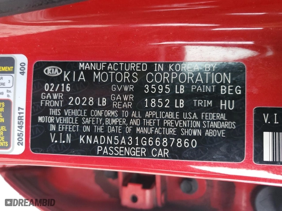 2016 Kia Rio EX with VIN KNADN5A31G6687860, listed as a Copart auction lot 44913155 with 54,038 mi miles and Salvage Title. Bid and sale history available at carsss.com. Image 12.