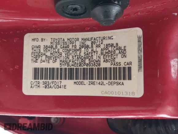 2013 Toyota Corolla L with VIN 5YFBU4EE0DP093820, listed as a IAAI auction lot 41832927 with 161,204 mi miles. Bid and sale history available at carsss.com. Image 9.
