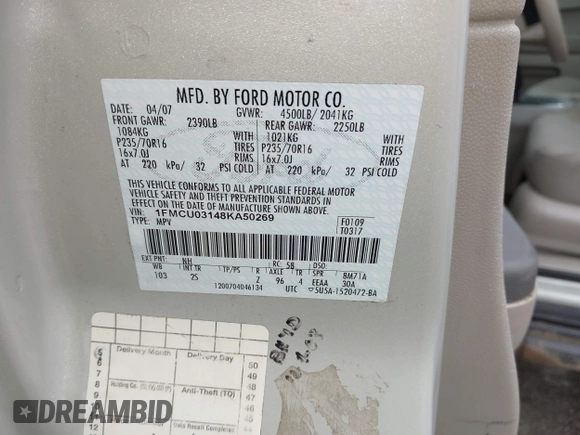 2008 Ford Escape XLT with VIN 1FMCU03148KA50269, listed as a IAAI auction lot 42362817 with 184,379 mi miles and . Bid and sale history available at DreamBid. Image 9.