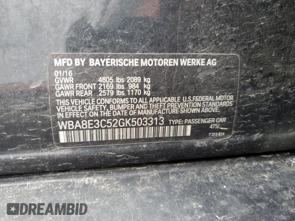 2016 BMW 3 Series 328i xDrive z VIN WBA8E3C52GK503313, wystawiony jako Copart lot #51678265 z przebiegiem 166 991 mil mil oraz Szkoda całkowita • Salvage title. Historia ofert i sprzedaży dostępna na DreamBid. Obrazek 12.