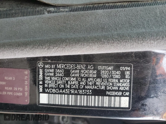 1994 Mercedes-Benz S with VIN WDBGA43E1RA183733, listed as a Copart auction lot 69675834 with Not Provided miles and Salvage Title. Bid and sale history available at DreamBid. Image 13.