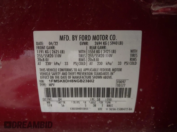 2022 Ford Explorer XLT with VIN 1FMSK8DH8NGB23802, listed as a IAAI auction lot 41607335 with 26,868 mi miles and . Bid and sale history available at DreamBid. Image 9.