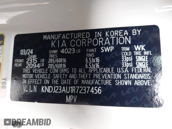 2024 Kia Soul S with VIN KNDJ23AU1R7237456, listed as a IAAI auction lot 42349274 with 18,668 mi miles and . Bid and sale history available at DreamBid. Image 9.