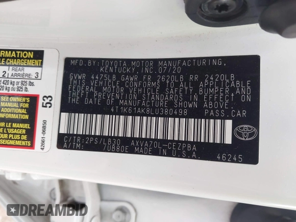 2020 Toyota Camry XSE with VIN 4T1K61AK8LU380498, listed as a IAAI auction lot 42191610 with 109,314 mi miles and . Bid and sale history available at DreamBid. Image 9.