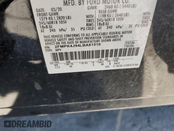 2020 Ford Edge SEL с VIN 2FMPK4J94LBA81516, выставлен на аукционе Copart как лот 56176725 с пробегом 129 952 миль миль и Списание • Salvage title. История ставок и продаж доступна на DreamBid. Изображение 14.