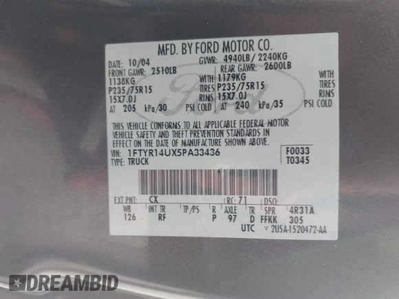 2005 Ford Ranger XL with VIN 1FTYR14UX5PA33436, listed as a IAAI auction lot 42216899 with 122,747 mi miles and . Bid and sale history available at DreamBid. Image 9.