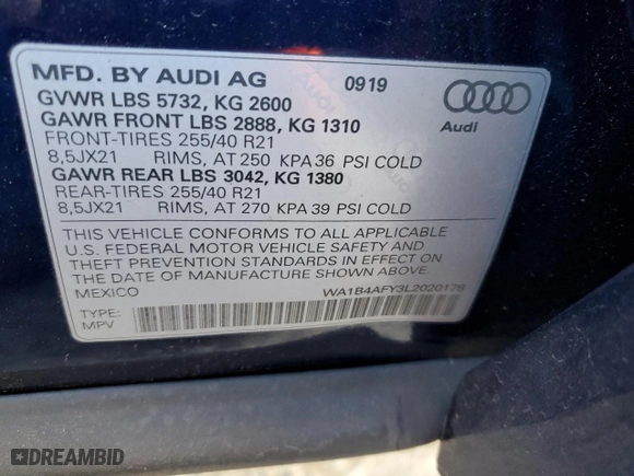 2020 Audi SQ5 Premium Plus with VIN WA1B4AFY3L2020178, listed as a Copart auction lot 84054744 with 26356 miles and Salvage Title. Bid and sale history available at carsss.com. Image 13.