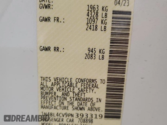 2023 Nissan Altima SR z VIN 1N4BL4CV9PN393319, wystawiony jako Copart lot #60611605 z przebiegiem 47 201 mil mil oraz Czysty tytuł • Clean title. Historia ofert i sprzedaży dostępna na DreamBid. Obrazek 12.