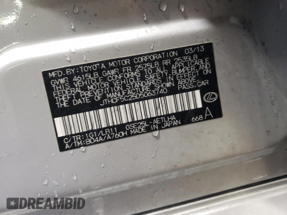 2013 Lexus IS 250 with VIN JTHCF5C25D5063740, listed as a Copart auction lot 52132195 with 150,178 mi miles and Salvage title. Bid and sale history available at DreamBid. Image 12.