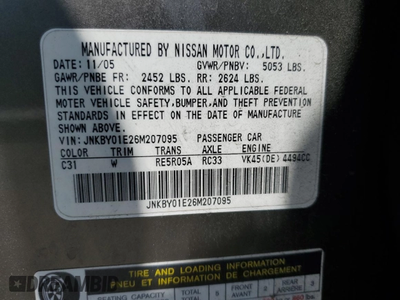 2006 Infiniti M Sport z VIN JNKBY01E26M207095, wystawiony jako Copart lot #58863805 z przebiegiem 97 945 mil mil oraz Szkoda całkowita • Salvage title. Historia ofert i sprzedaży dostępna na DreamBid. Obrazek 12.