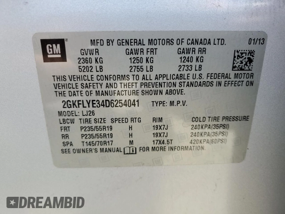 2013 GMC Terrain Denali with VIN 2GKFLYE34D6254041, listed as a Copart auction lot 48108095 with 152,549 mi miles and Salvage Title. Bid and sale history available at DreamBid. Image 13.