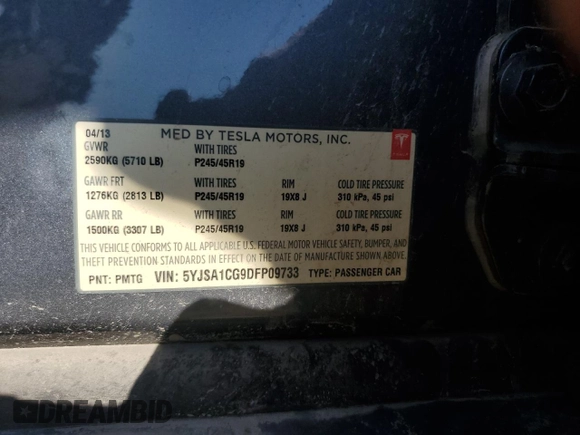 2013 Tesla Model S with VIN 5YJSA1CG9DFP09733, listed as a Copart auction lot 71574474 with 88,163 mi miles and Salvage title. Bid and sale history available at DreamBid. Image 12.