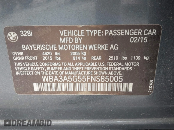 2015 BMW 3 Series 328i с VIN WBA3A5G55FNS85005, выставлен на аукционе IAAI как лот 41980680 с пробегом 136 517 миль миль и . История ставок и продаж доступна на DreamBid. Изображение 9.