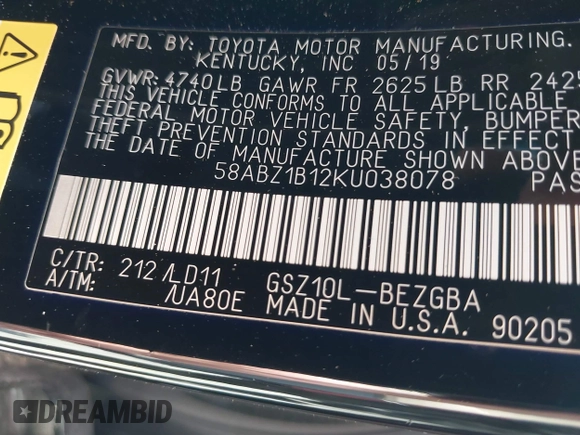 2019 Lexus ES 350 with VIN 58ABZ1B12KU038078, listed as a IAAI auction lot 42143836 with 50,741 mi miles and . Bid and sale history available at DreamBid. Image 9.
