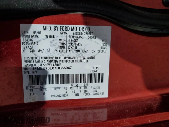 2007 Ford Explorer XLT with VIN 1FMEU73E87UB66047, listed as a Copart auction lot 56687345 with 116,485 mi miles and Salvage title. Bid and sale history available at DreamBid. Image 14.