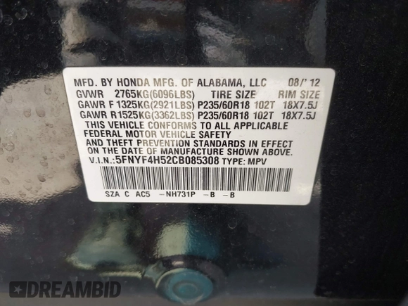 2012 Honda Pilot EX-L with VIN 5FNYF4H52CB085308, listed as a IAAI auction lot 41987301 with 180,877 mi miles and . Bid and sale history available at DreamBid. Image 9.