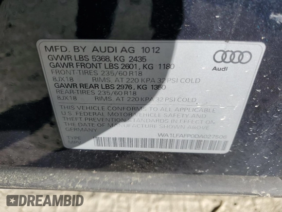 2013 Audi Q5 Premium Plus with VIN WA1LFAFP0DA027506, listed as a Copart auction lot 48366055 with 62,460 mi miles and Salvage title. Bid and sale history available at DreamBid. Image 13.