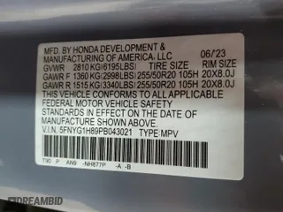 2023 Honda Pilot Elite with VIN 5FNYG1H89PB043021, listed as a Copart auction lot 51522675 with 27,465 mi miles and Salvage Title. Bid and sale history available at carsss.com. Image 16.