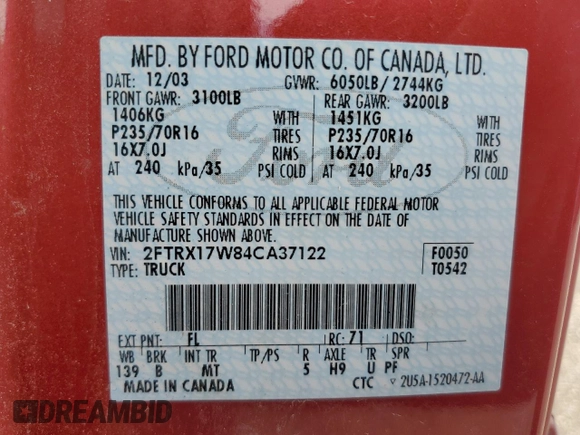 2004 Ford F-150 XL with VIN 2FTRX17W84CA37122, listed as a Copart auction lot 55846705 with Not provided miles and Salvage title. Bid and sale history available at DreamBid. Image 12.