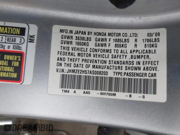 2010 Honda Insight LX with VIN JHMZE2H57AS008203, listed as a IAAI auction lot 42240869 with 150,562 mi miles and . Bid and sale history available at DreamBid. Image 9.