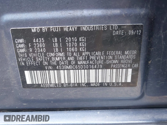 2013 Subaru Legacy Premium with VIN 4S3BMBC65D3016479, listed as a IAAI auction lot 42431336 with 73,380 mi miles and . Bid and sale history available at DreamBid. Image 9.