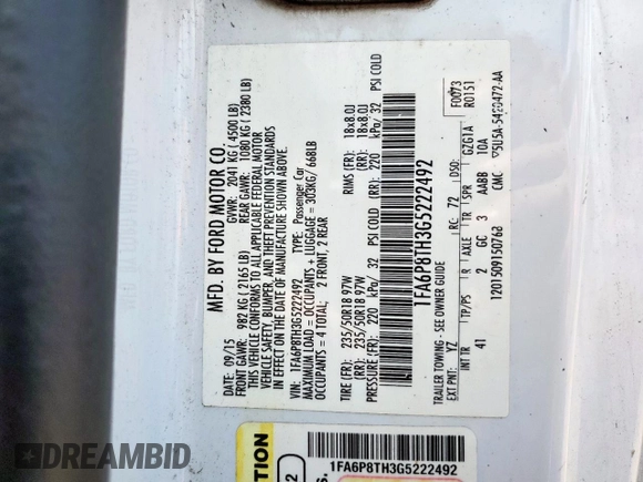 2016 Ford Mustang EcoBoost with VIN 1FA6P8TH3G5222492, listed as a Copart auction lot 58376465 with 131,725 mi miles and Salvage title. Bid and sale history available at DreamBid. Image 12.