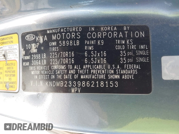 2008 Kia Sedona LX with VIN KNDMB233986218153, listed as a IAAI auction lot 41671096 with 144,933 mi miles. Bid and sale history available at carsss.com. Image 9.