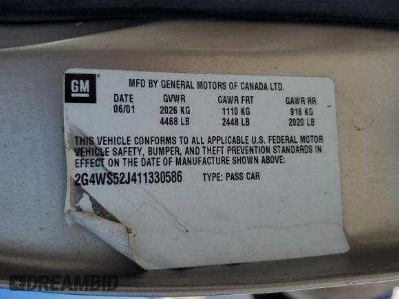2001 Buick Century Custom with VIN 2G4WS52J411330586, listed as a Copart auction lot 76025504 with 93,405 mi miles and Salvage Title. Bid and sale history available at carsss.com. Image 14.