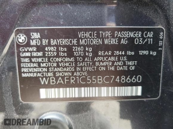 2011 BMW 5 Series 528i with VIN WBAFR1C55BC748660, listed as a Copart auction lot 45289825 with 135,768 mi miles and Salvage Title. Bid and sale history available at carsss.com. Image 12.