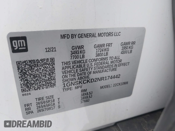 2022 Chevrolet Suburban LT with VIN 1GNSKCKD2NR174442, listed as a IAAI auction lot 41902034 with 41,120 mi miles. Bid and sale history available at carsss.com. Image 9.
