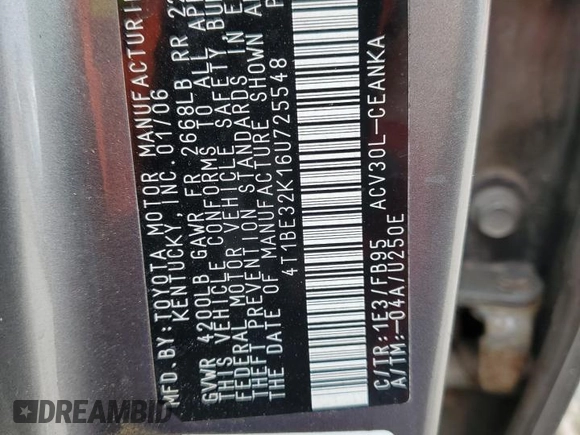2006 Toyota Camry STD z VIN 4T1BE32K16U725548, wystawiony jako Copart lot #52083245 z przebiegiem Nie podano mil oraz Szkoda całkowita • Salvage title. Historia ofert i sprzedaży dostępna na DreamBid. Obrazek 12.