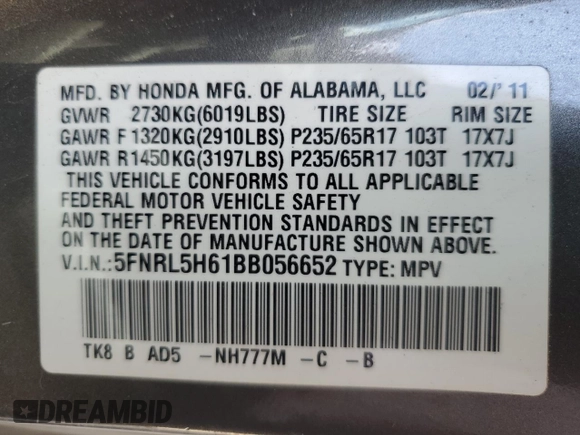 2011 Honda Odyssey EX-L with VIN 5FNRL5H61BB056652, listed as a Copart auction lot 54774015 with 233,125 mi miles and Salvage Title. Bid and sale history available at DreamBid. Image 13.