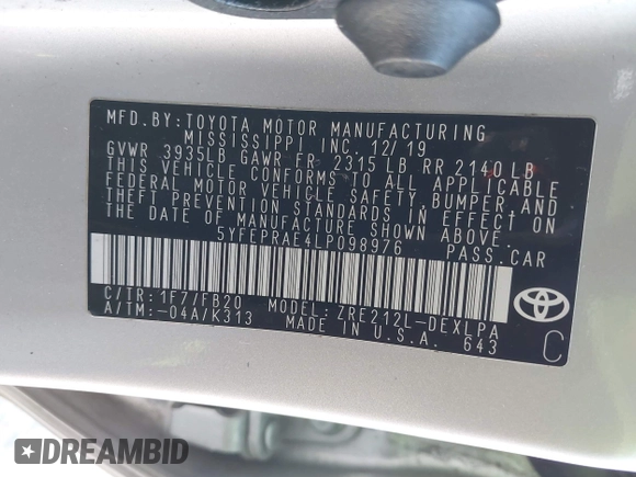 2020 Toyota Corolla LE with VIN 5YFEPRAE4LP098976, listed as a IAAI auction lot 42054417 with 94,655 mi miles and . Bid and sale history available at DreamBid. Image 9.