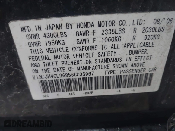 2006 Acura TSX z VIN JH4CL96856C035967, wystawiony jako IAAI lot #41973058 z przebiegiem 301 387 mil mil oraz . Historia ofert i sprzedaży dostępna na DreamBid. Obrazek 9.