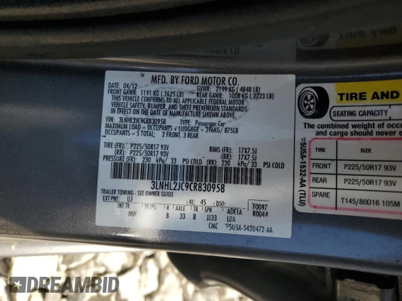 2012 Lincoln MKZ z VIN 3LNHL2JC9CR830958, wystawiony jako Copart lot #56486485 z przebiegiem 205 402 mil mil oraz Nie do naprawy • Non repairable. Historia ofert i sprzedaży dostępna na DreamBid. Obrazek 12.