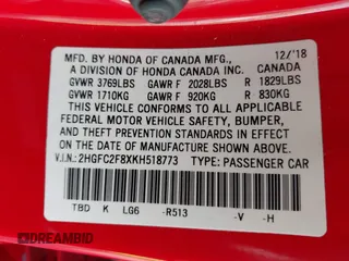 2019 Honda Civic Sport with VIN 2HGFC2F8XKH518773, listed as a IAAI auction lot 41934846 with 140,684 mi miles and . Bid and sale history available at DreamBid. Image 9.