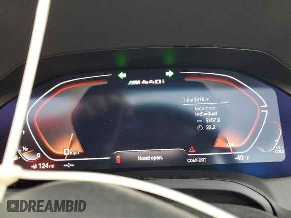 2023 BMW 4 Series M440i with VIN WBA53AT0XPCM20465, listed as a Copart auction lot 74537094 with 5,216 mi miles and Non Repairable. Bid and sale history available at DreamBid. Image 9.