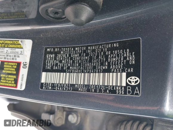 2019 Toyota Corolla L z VIN 5YFBURHE1KP947817, wystawiony jako IAAI lot #41959566 z przebiegiem 128 574 mil mil oraz . Historia ofert i sprzedaży dostępna na DreamBid. Obrazek 9.
