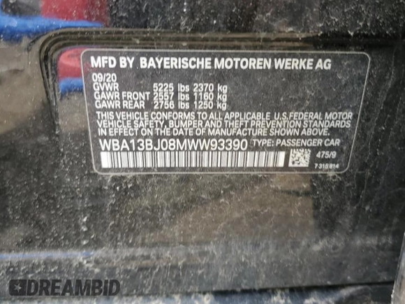 2021 BMW 5 Series 530i xDrive with VIN WBA13BJ08MWW93390, listed as a Copart auction lot 61654894 with 35,099 mi miles and Salvage Title. Bid and sale history available at carsss.com. Image 12.