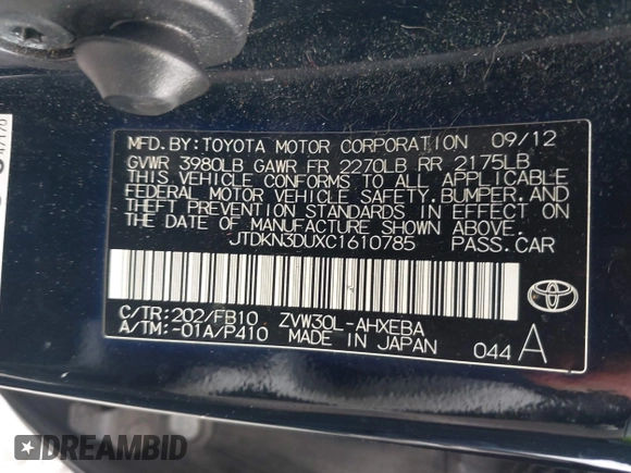 2012 Toyota Prius One with VIN JTDKN3DUXC1610785, listed as a IAAI auction lot 42651718 with 212,689 mi miles and . Bid and sale history available at DreamBid. Image 9.